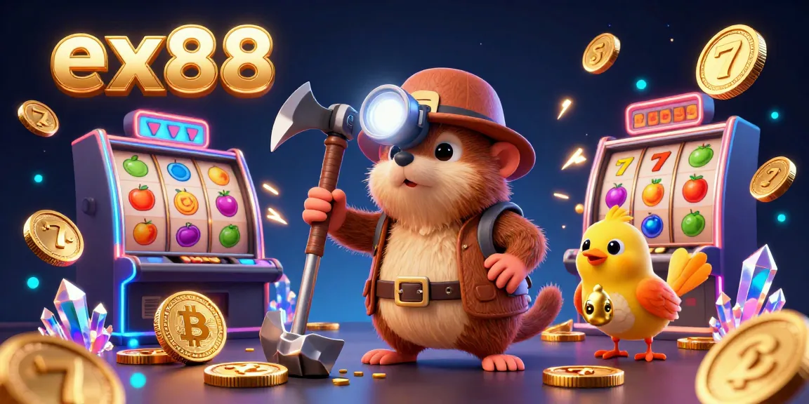 Experience the thrill of ex88 with our exciting casino scene featuring a treasure hunter mining for gold and crypto coins.