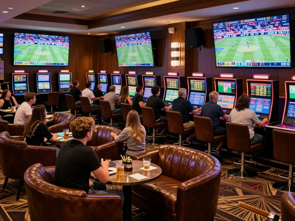 Engaged bettors analyzing odds at Tylekeonhacai88 sports betting lounge, lively atmosphere.