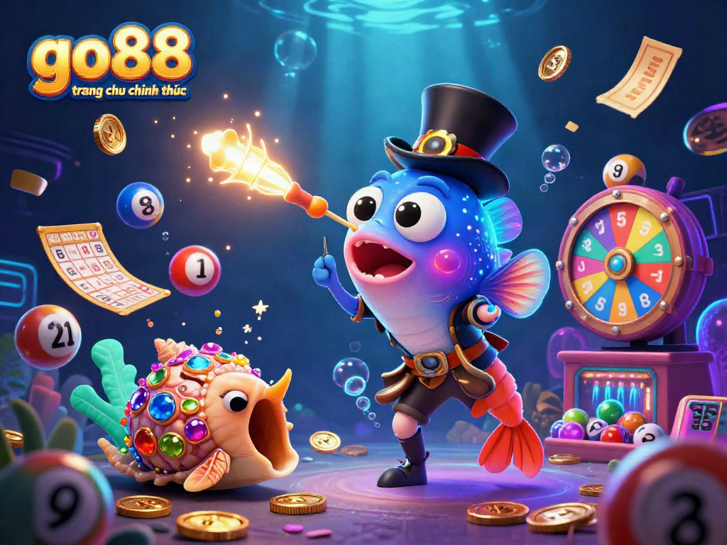 Engage with the vibrant world of go88 trang chu chinh thuc, featuring an anglerfish attracting coins amid a lively underwater casino scene.