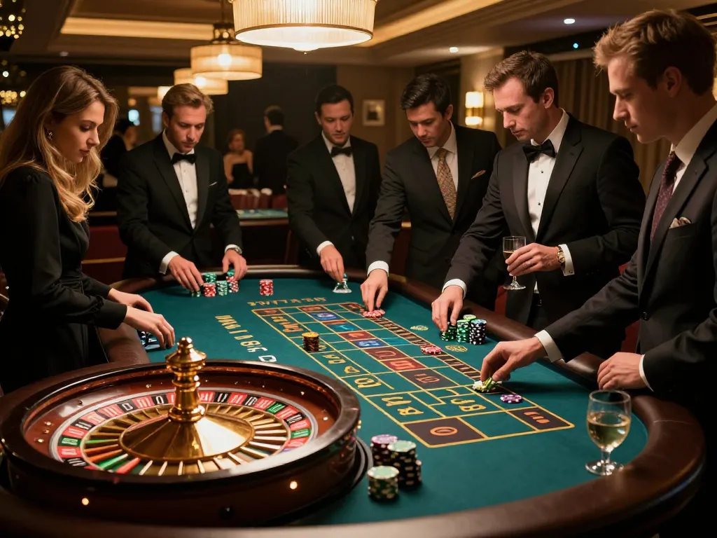 Players at an upscale private gaming event enjoying roulette while engaging with vvvwin's casino services.