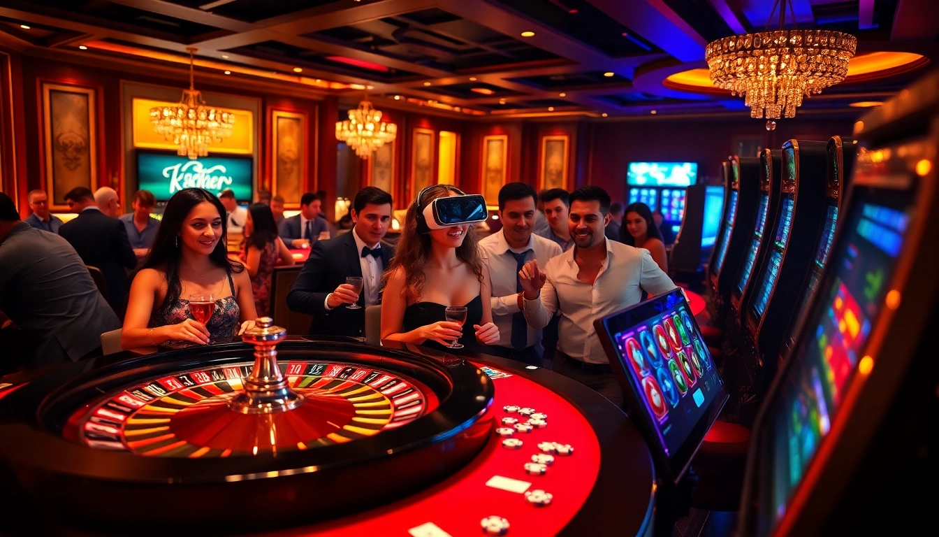 Exciting casino scene showcasing gamblers engaging in a newphim-inspired online game with vibrant cards and roulette wheel.
