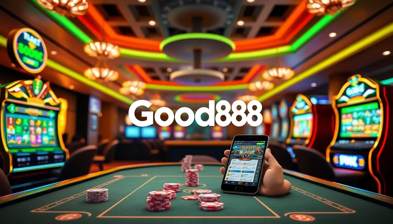 Good88 logo on a vibrant online gambling interface showcasing casino tables and slots.