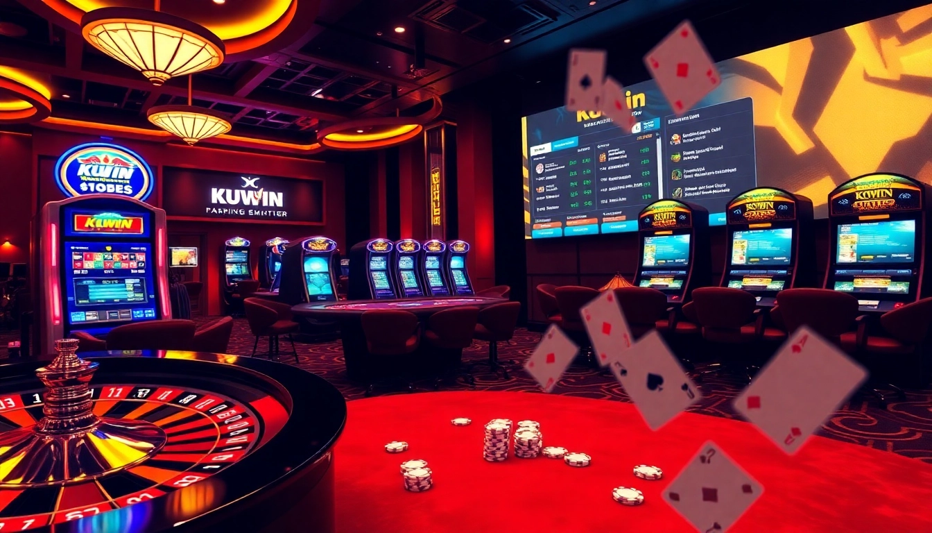 KUWIN online casino showcasing high-stakes tables, vibrant slot machines, and live betting excitement.