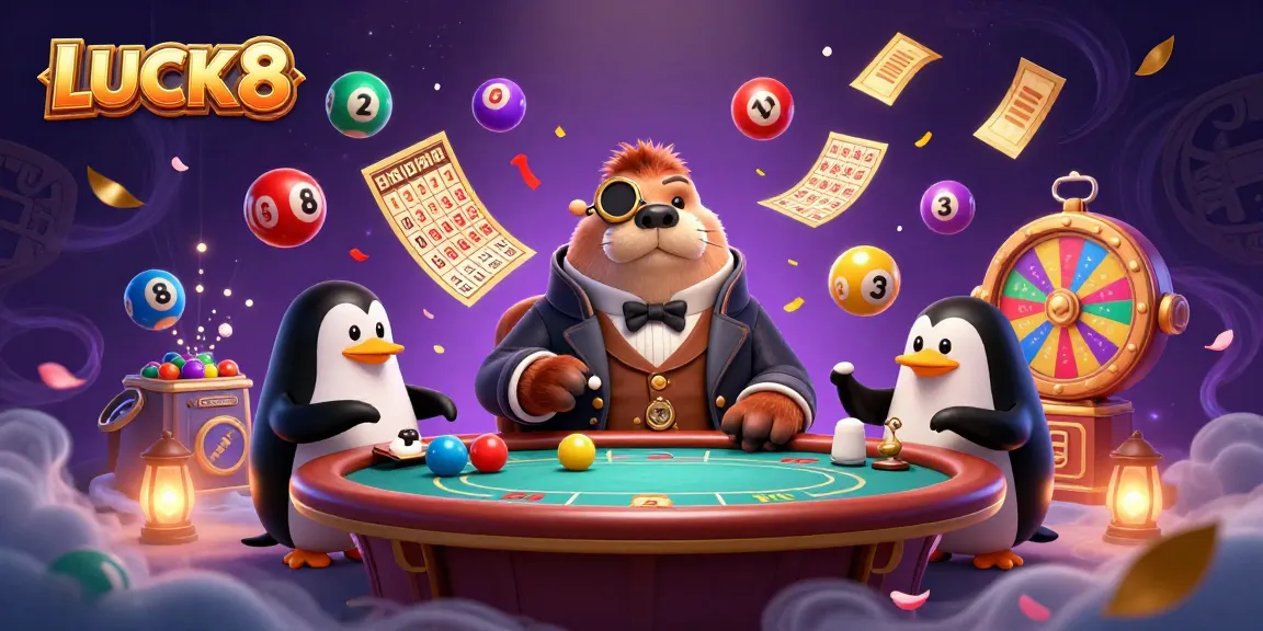 LUCK8 tham gia trò chơi tại bàn poker cùng hải mã, chim cánh cụt và cá nóc, hiệu ứng cầu vồng.