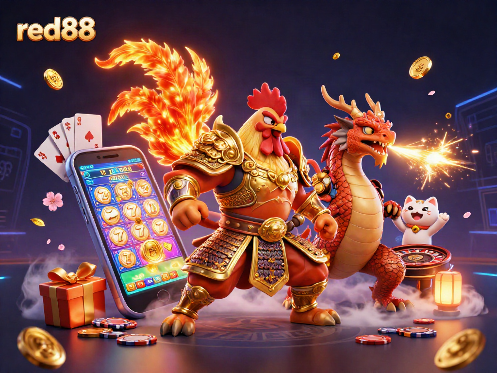 Experience the thrill with red88 slots featuring a powerful rooster warrior amidst festive casino elements.