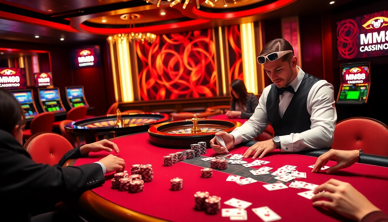 Experience thrilling gameplay at MM88 casino tables with high-stakes poker chips and a lively roulette wheel.