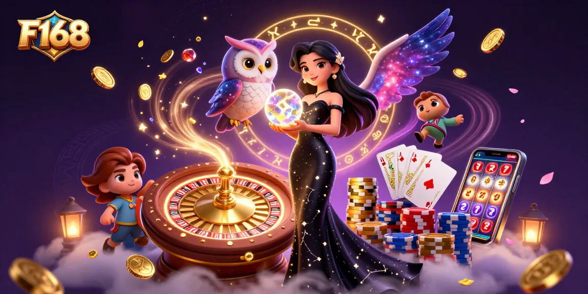 Win big at F168 with a dazzling illustration of a mystical casino scene featuring a glamorous woman and dynamic gaming elements.