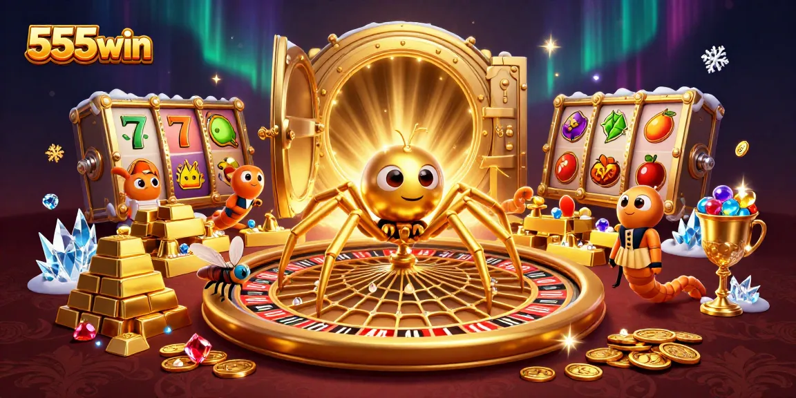 Experience thrilling jackpots at 555win with a mesmerizing 3D casino illustration showcasing vibrant gambling elements.