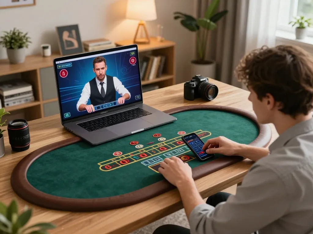 Player engaging with U888's online baccarat game from home, showcasing an immersive betting experience.