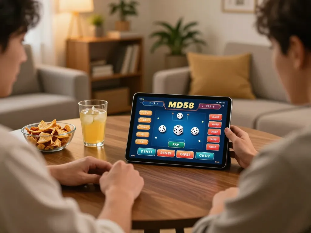 Tài Xỉu MD58 gameplay on tablet showing dynamic betting options in a cozy home setup, emphasizing responsible gambling.