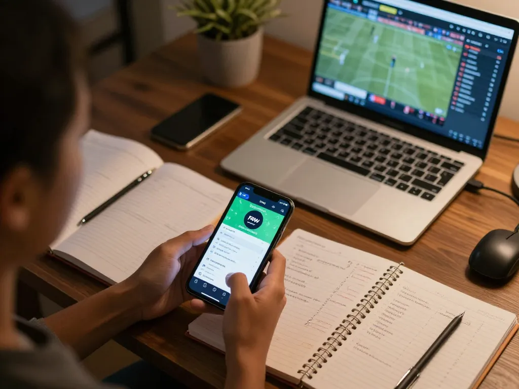 Engaged gambler using the nowgoal app on smartphone for online sports betting amid strategy notes.