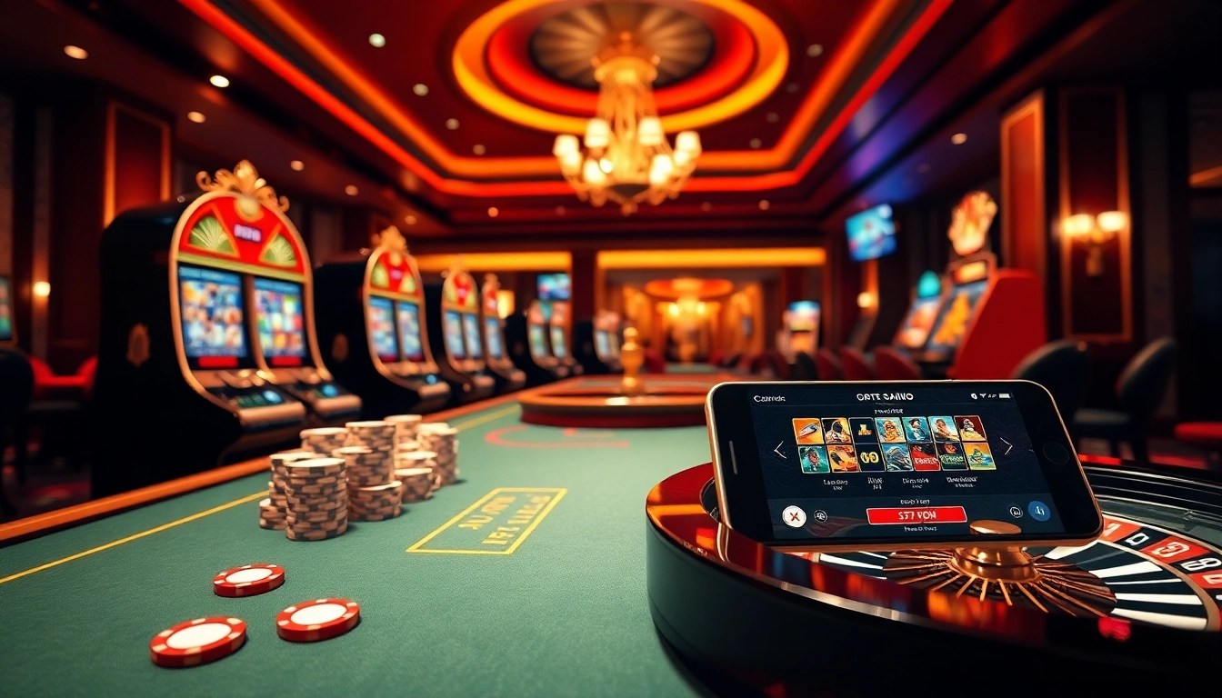 Play real money casino games online with engaging visuals of luxury casino tables and vibrant slot machines.