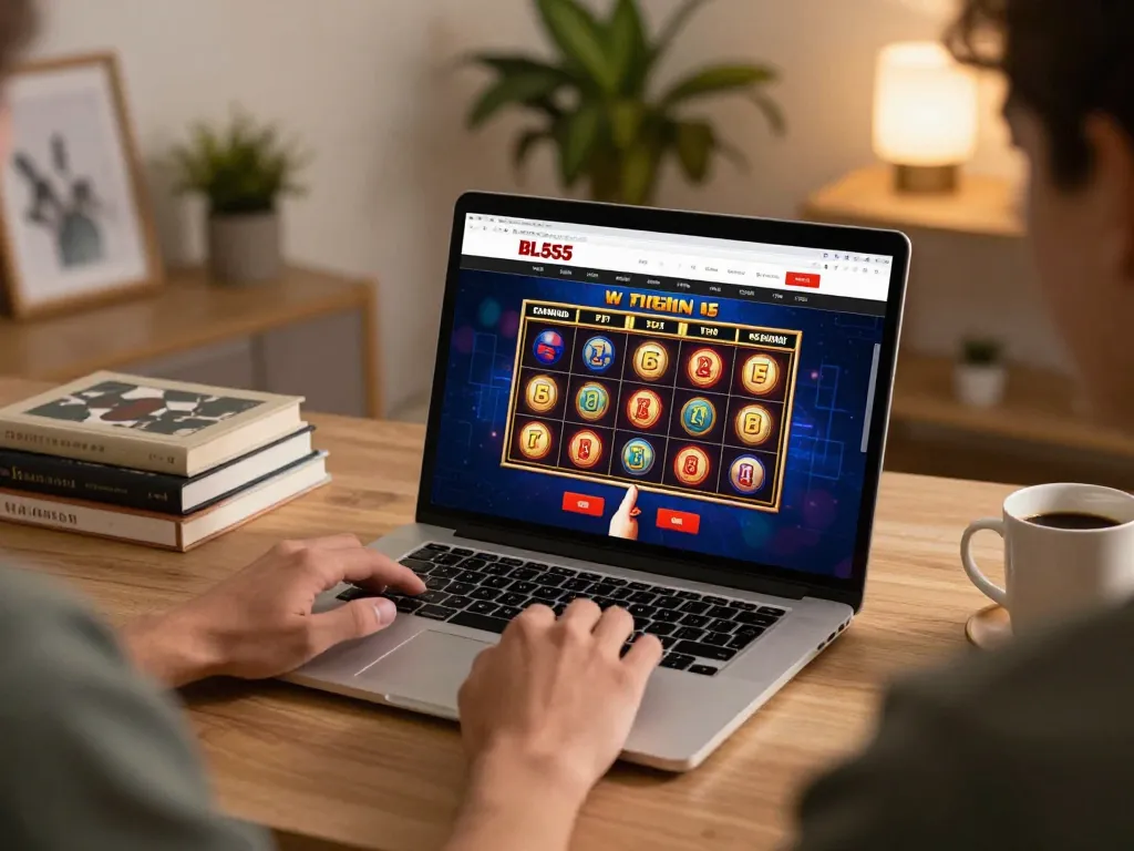 Player engaging in an online slot game at BL555 with cozy home setup, emphasizing excitement and strategy.