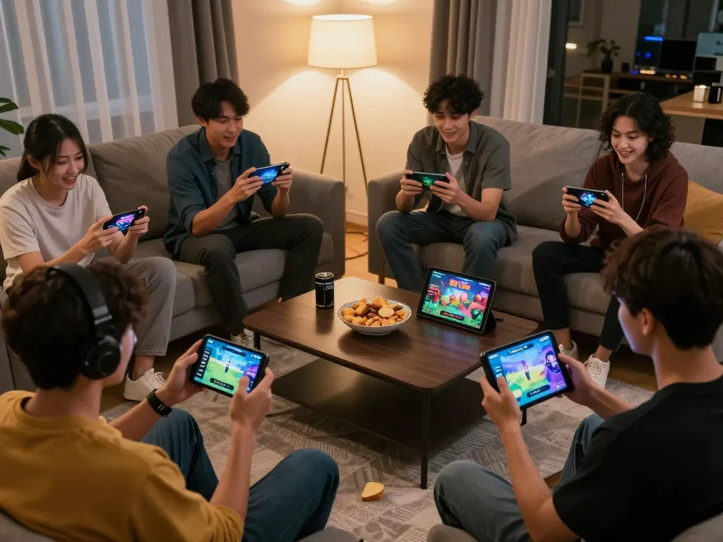 Players intensely enjoying the HIT CLUB gaming app in a cozy home setting, highlighting dynamic online gambling fun.