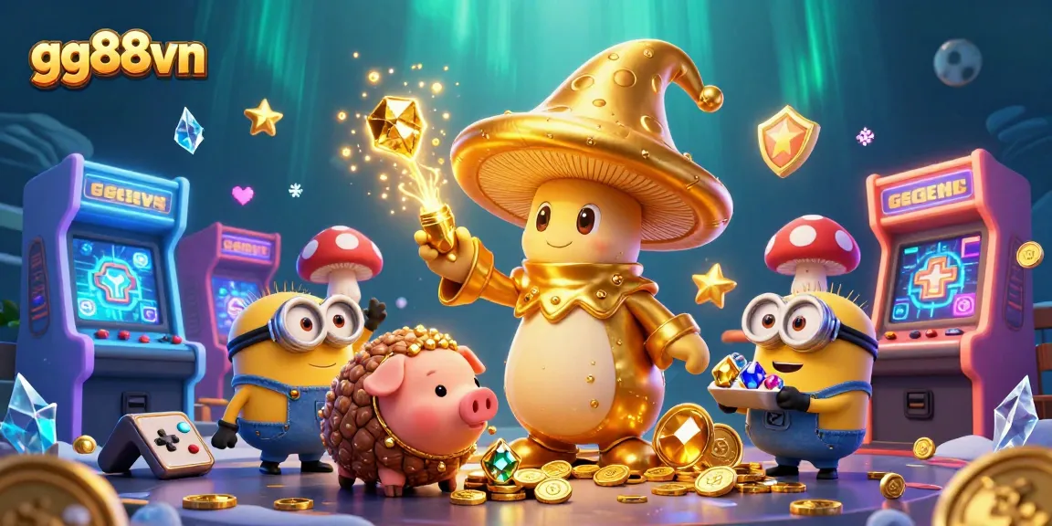 Experience the magic of gg88vn with a whimsical golden mushroom wizard, treasure hunters, and casino elements.