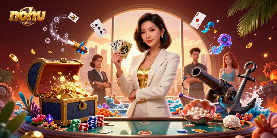 Play poker with nohu while surrounded by pirate treasures and gold coins in a vibrant casino scene.