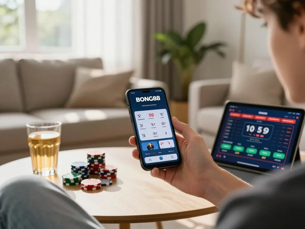 BONG88 mobile user placing bets on sports apps in a stylish home setting.