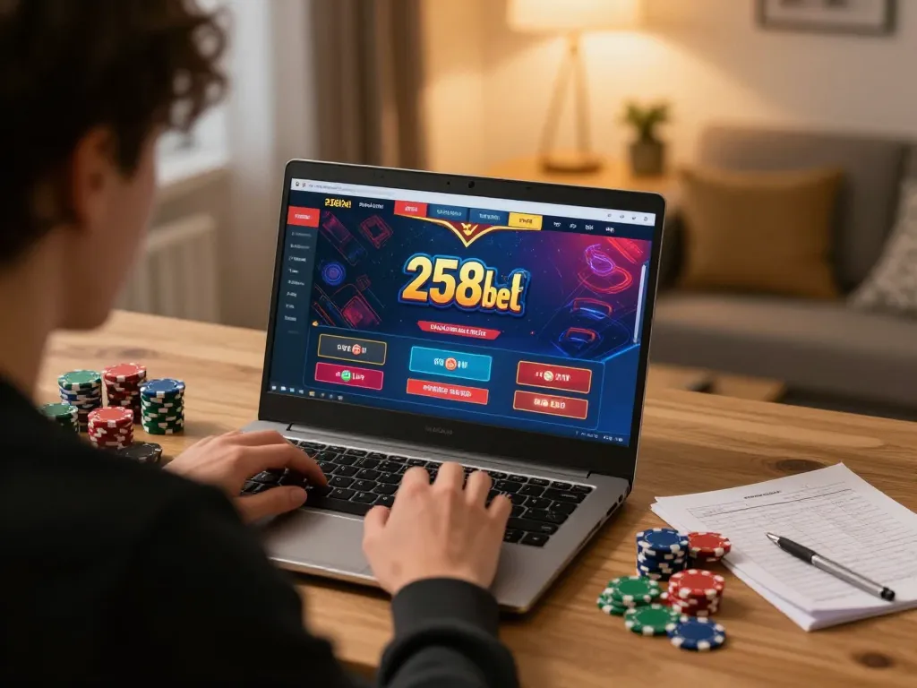 Player enjoying a thrilling game on 258bet casino platform in a cozy home setup.