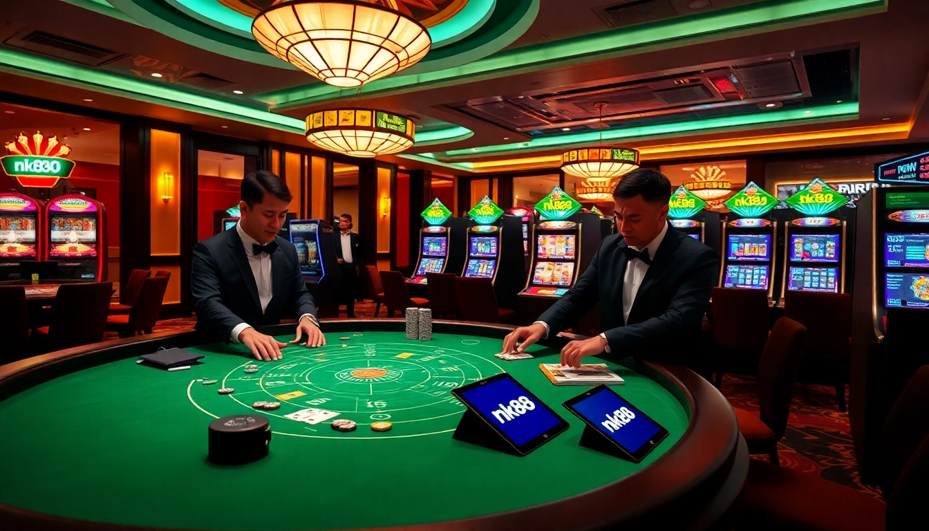 Experience high-stakes gaming at nk88 with lively baccarat and slot machines in an upscale casino.