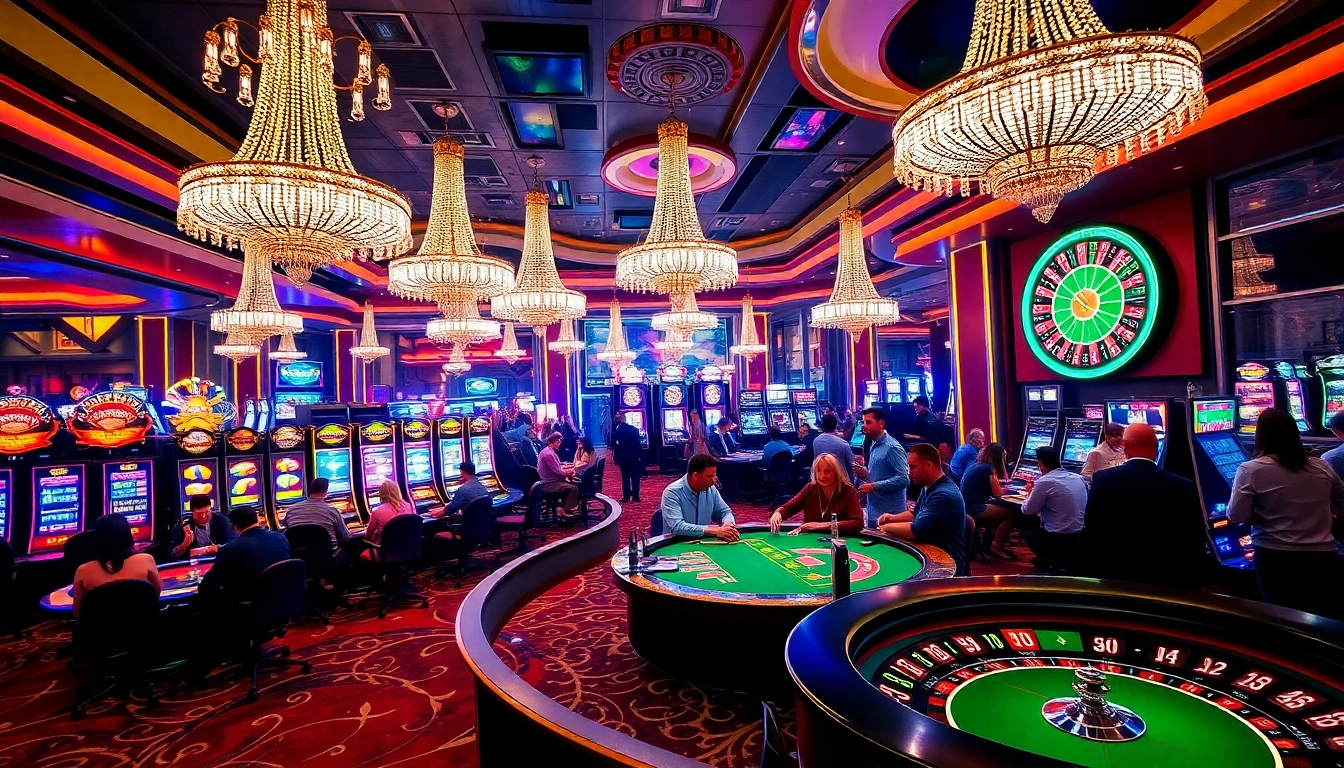 Players enjoying an exciting poker game at 11uu casino with vibrant slot machines.