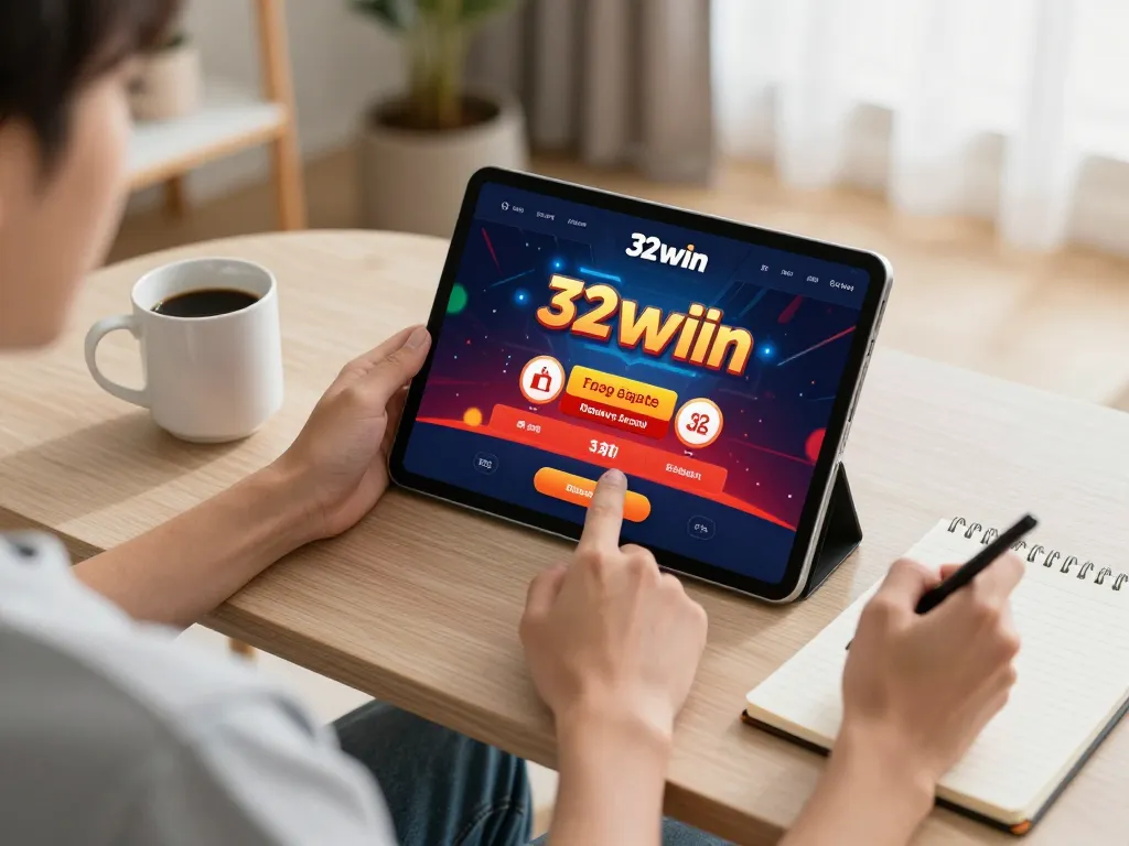 Engaging with 32win casino app on tablet in a cozy home setup.