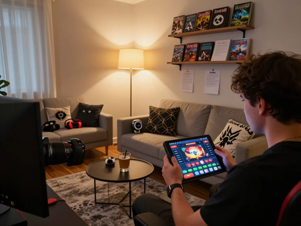 Bong88 player engaged in online casino gaming at home, focusing on tablet screen