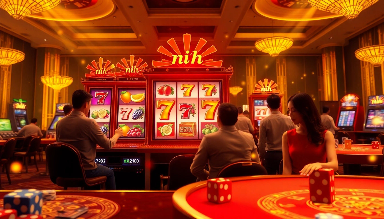 Players enjoy nổ hũ slot games in a lively casino environment, highlighting thrilling jackpots and colorful reels.