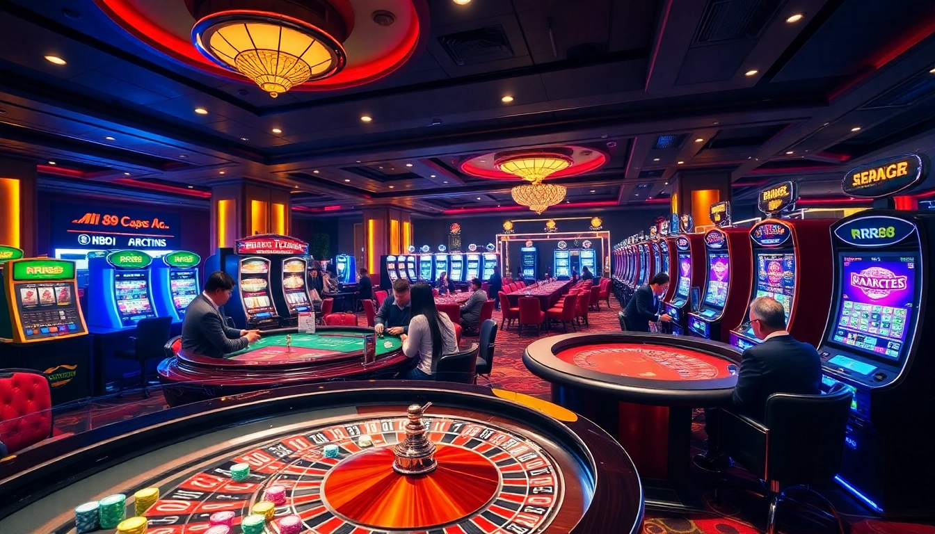 Engaging gambling scene at RR88 casino showcasing vibrant tables, cards, and enthusiastic players.