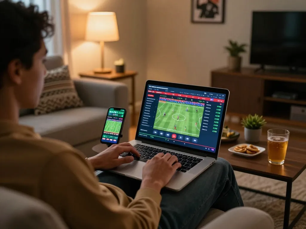 View of online betting setup showcasing kết quả bóng đá on laptop screen and smartphone display.