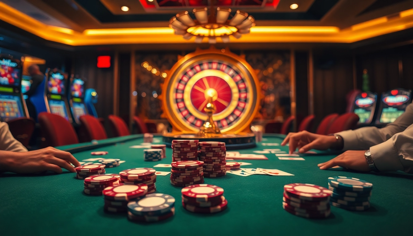 Experience the excitement of luck88 at a luxurious casino with vibrant gaming tables and lively poker action.