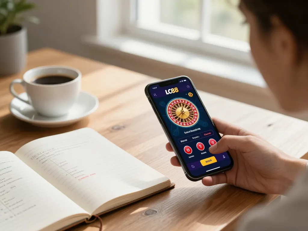 Engaging with the LC88 casino app, showcasing online gaming experience and strategy planning