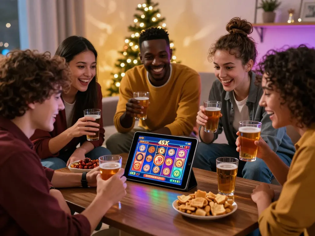 Friends enjoying the thrill of 45X bet on a tablet in a cozy living room.