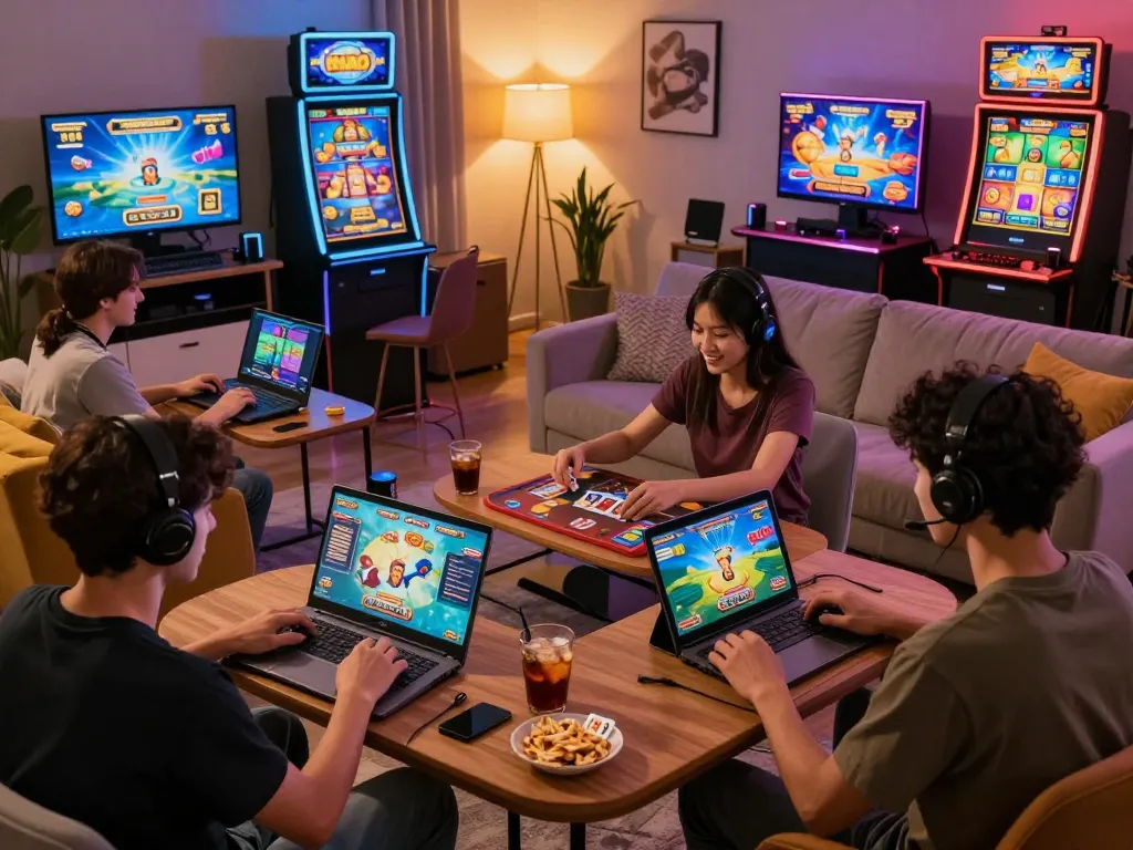 Exciting gaming interaction on Sunwin platform, showcasing diverse players enjoying traditional card games and slots in a cozy home setting.
