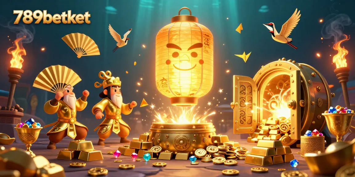 Engage with the vibrant casino scene portrayed in 789betket featuring illuminated golden lanterns and treasure elements.