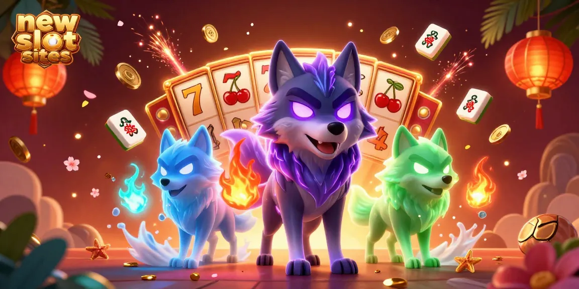 Experience top new slot sites through a vibrant illustration of cartoon wolves amidst dynamic game symbols.