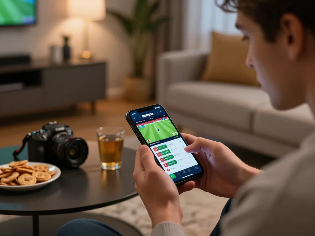 Person checking live scores on the Nowgoal app during sports betting at home.