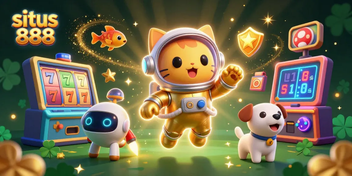 Play exciting jackpot games and slots at situs 888 with the floating astronaut cat and robot dog