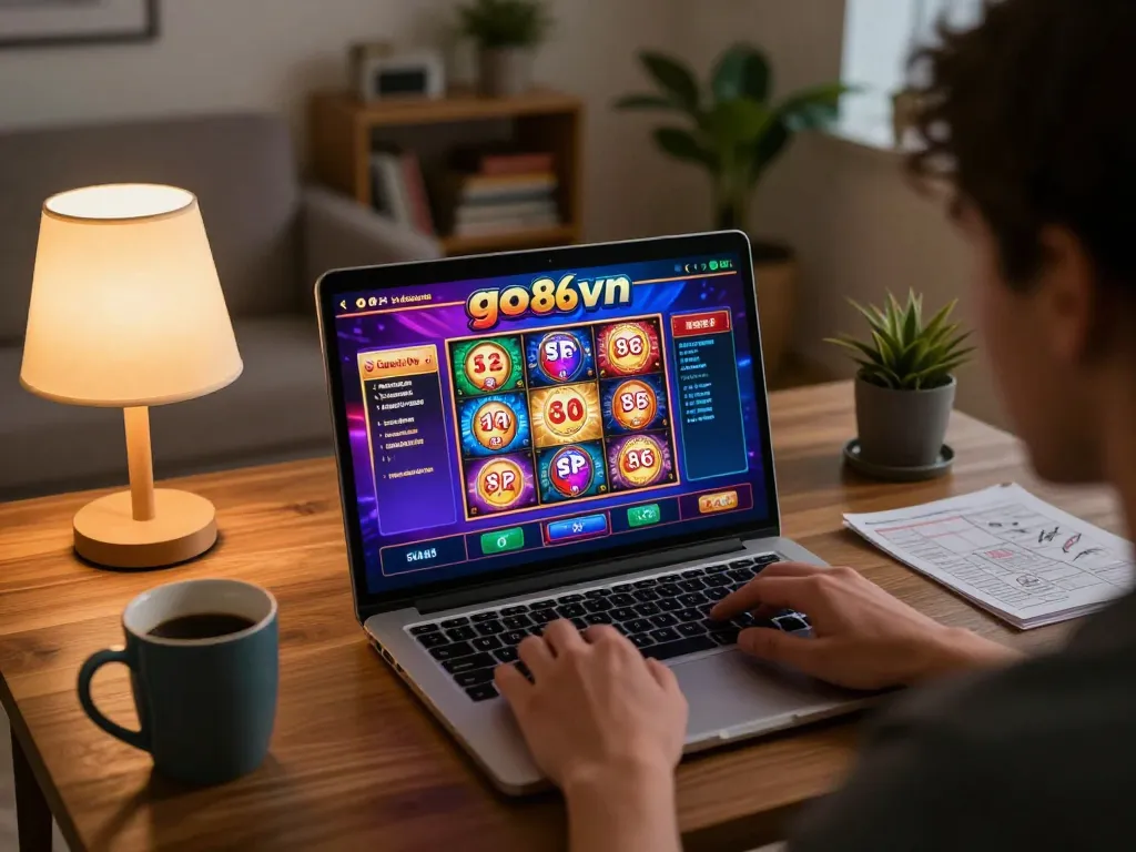 Engaging gameplay at home using the go86vn Casino platform with a laptop showcasing vibrant slots.