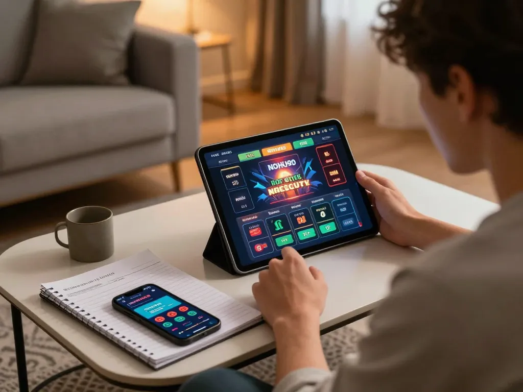 Engaged player using NOHU90 online casino app for a gaming session at home, surrounded by strategy notes and a comfortable atmosphere.