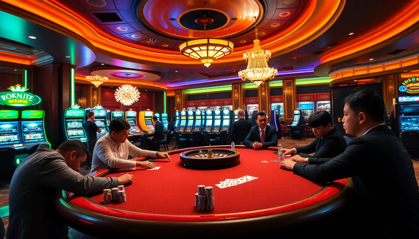 A high-stakes poker game at a luxurious casino, showcasing the essence of nhà cái uy tín with vibrant colors and thrilling atmosphere.