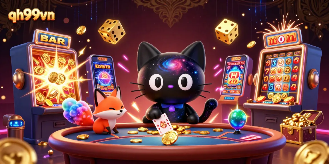 Experience exciting gaming at qh99vn with a cosmic casino scene featuring a black hole cat.