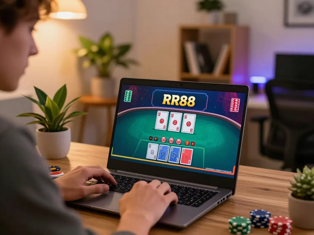 Player engaged in RR88 online blackjack, showcasing dynamic gameplay at home with stylish decor.