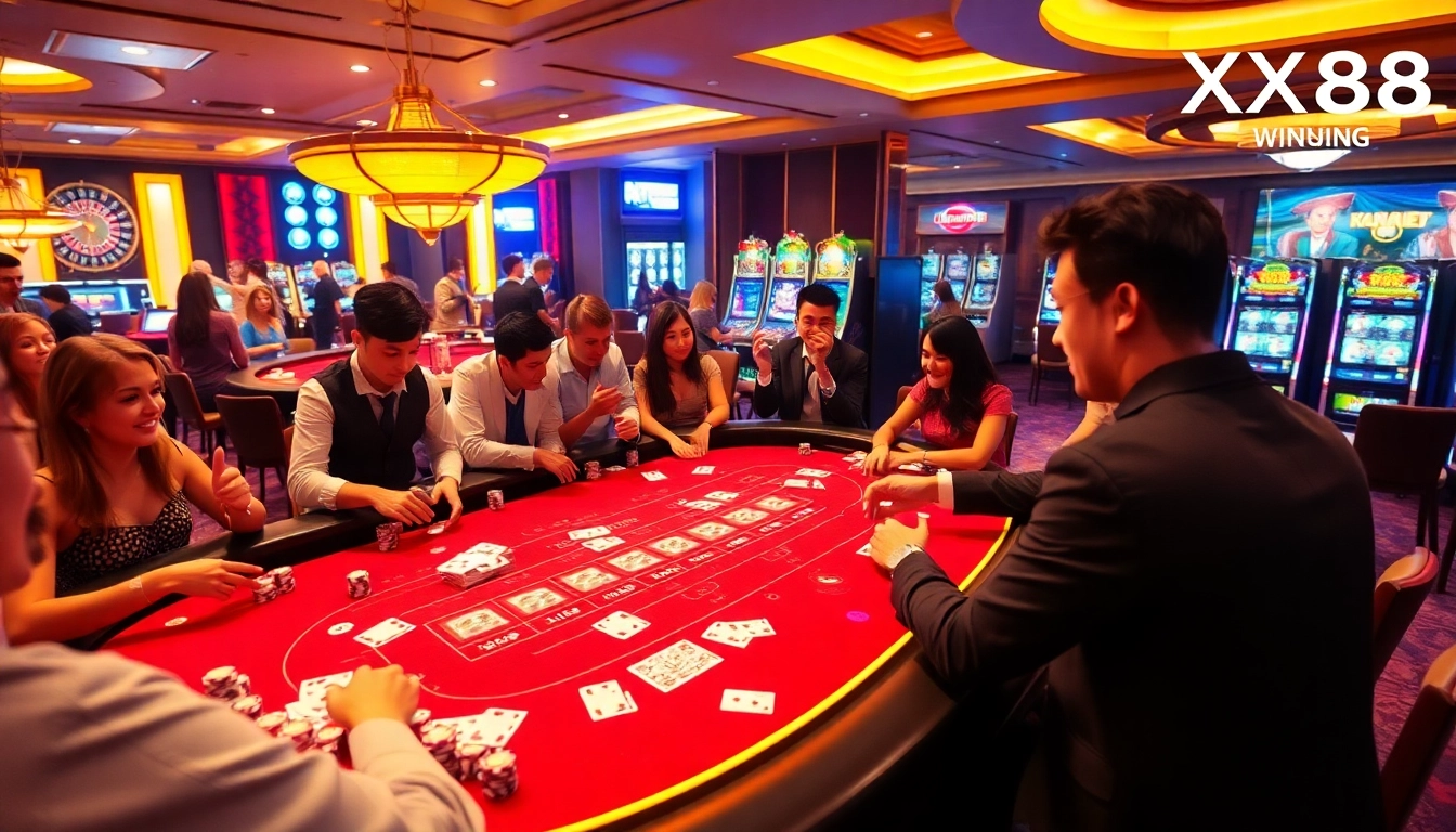 Players enjoying Baccarat at an XX88 casino table, showcasing excitement and winning chances.