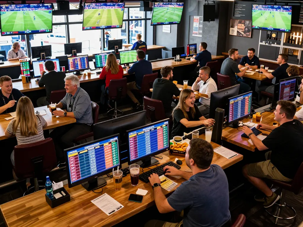 Engaging sports fans placing bets at a lively bar capturing the essence of tylekeo betting action