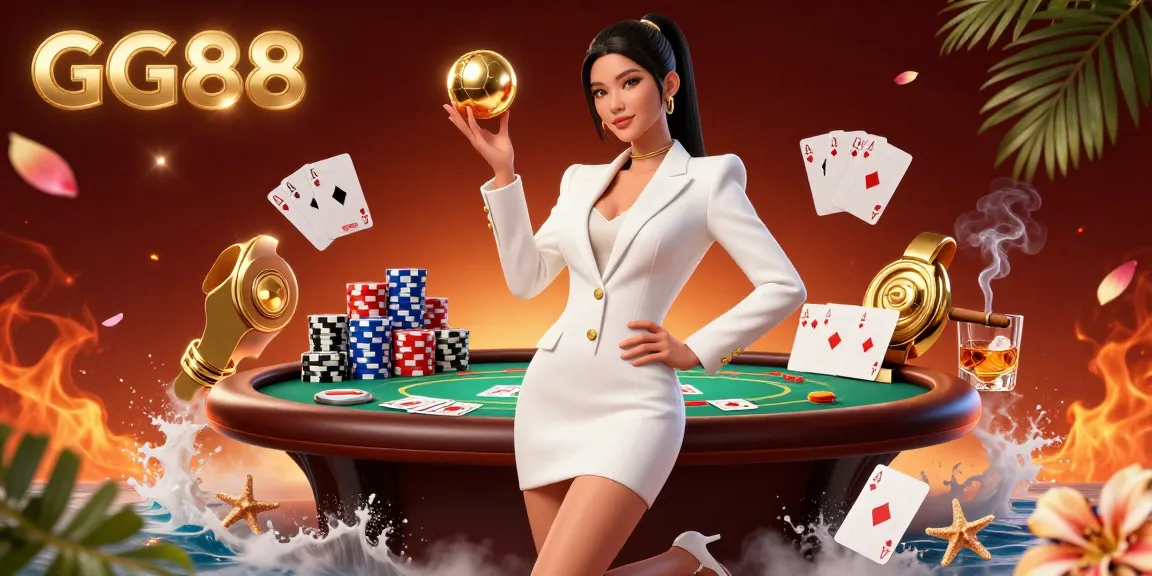 Engage in exciting gameplay at GG88 with a stunning Asian model showcasing a golden roulette ball in a lavish casino.