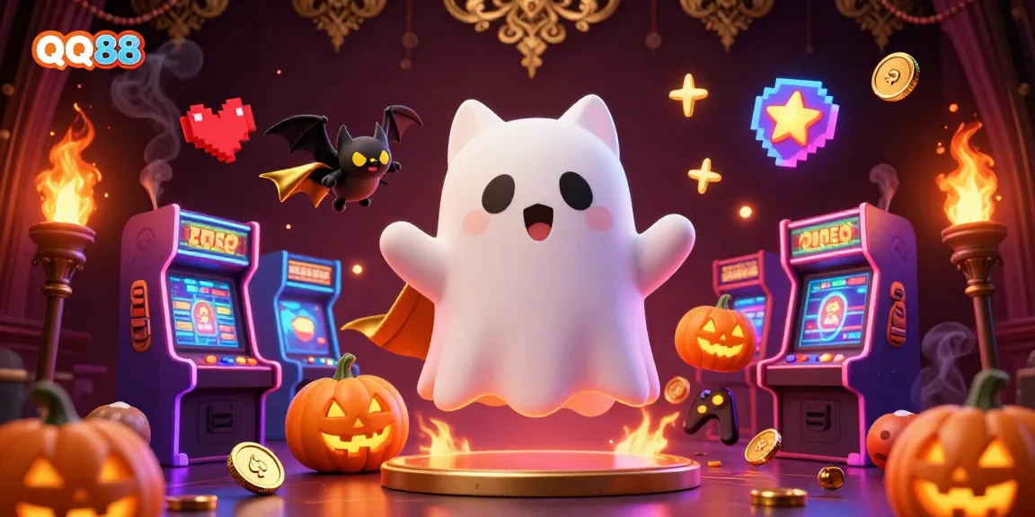 Engage in thrilling gameplay action at QQ88 with a floating ghost cat and vampire bat in a haunted casino.