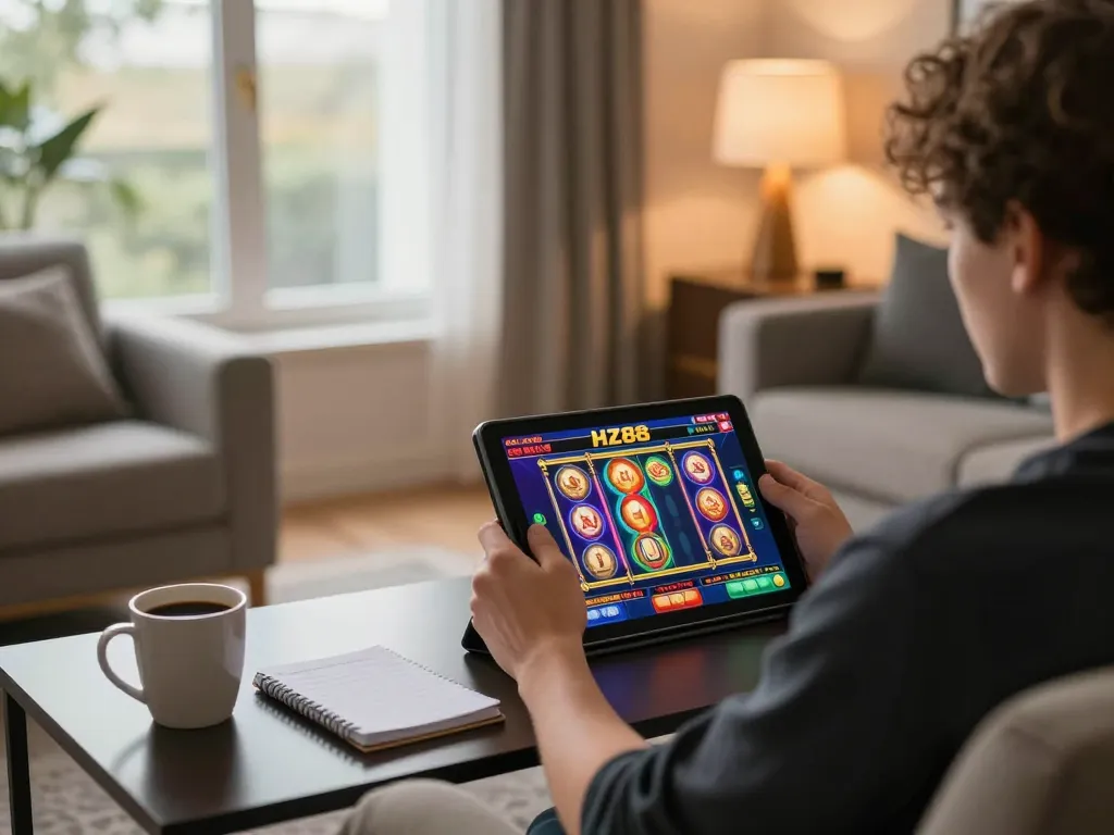 Player engaging in HZ88 online casino gaming at home using a tablet in a cozy living environment.