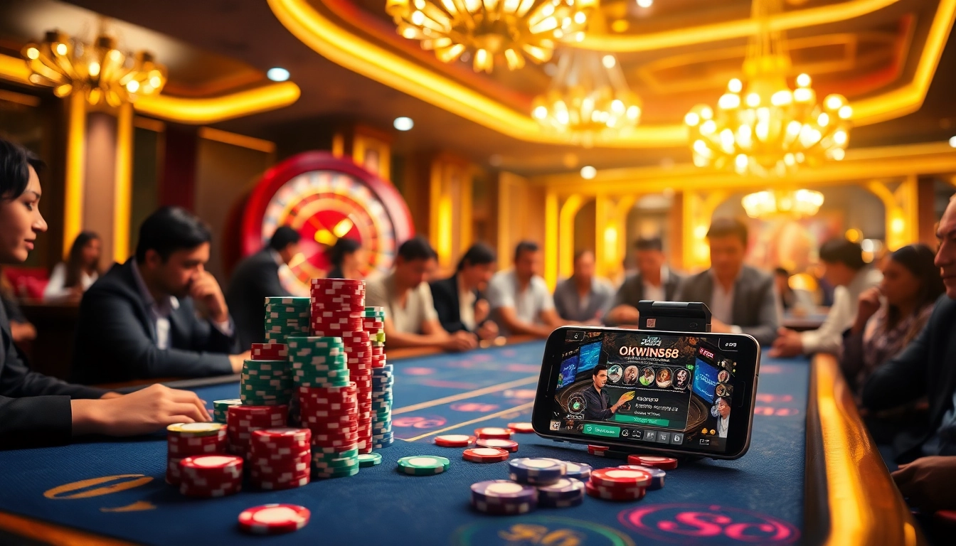 Excited players gambling at a luxurious table with the interface of https://okwin68.net/ displayed on smartphones.