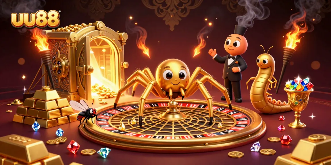 Experience dynamic betting action at uu88 with a golden spider, roulette wheel, and treasures!