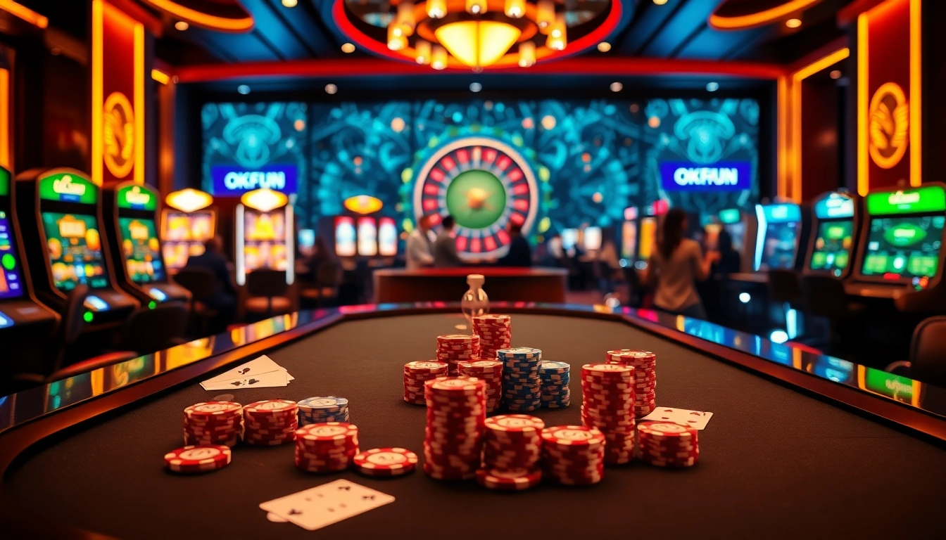 Engage in thrilling bets at okfun com's state-of-the-art online casino, highlighted by modern poker tables and vibrant slot machines.